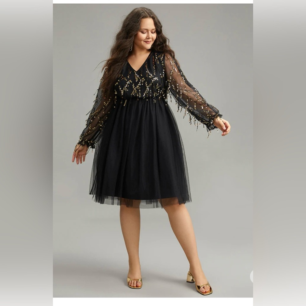 Black lined dress with gold sequins & lightweight mesh sleeves